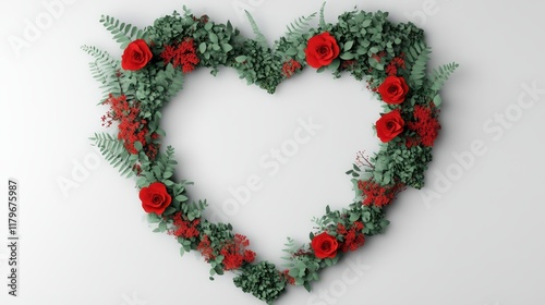 Heart-shaped floral arrangement with red roses and greenery on a light background for romantic occasions