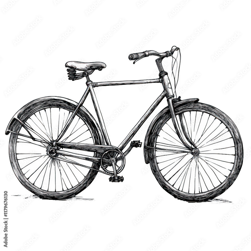 Obraz premium Hand Drawn Sketch of Bicycle in Monochrome Isolated on White: A black-and-white hand-drawn sketch of a bicycle, isolated on a white background. Transparent background.