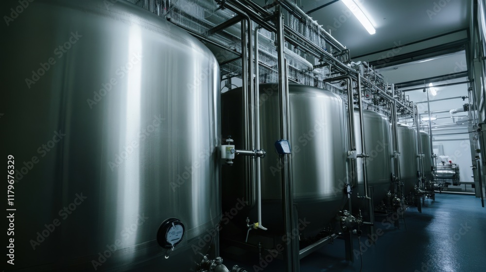 A row of stainless steel tanks are lined up in a factory A row of stainless steel tanks are lined up in a factory
