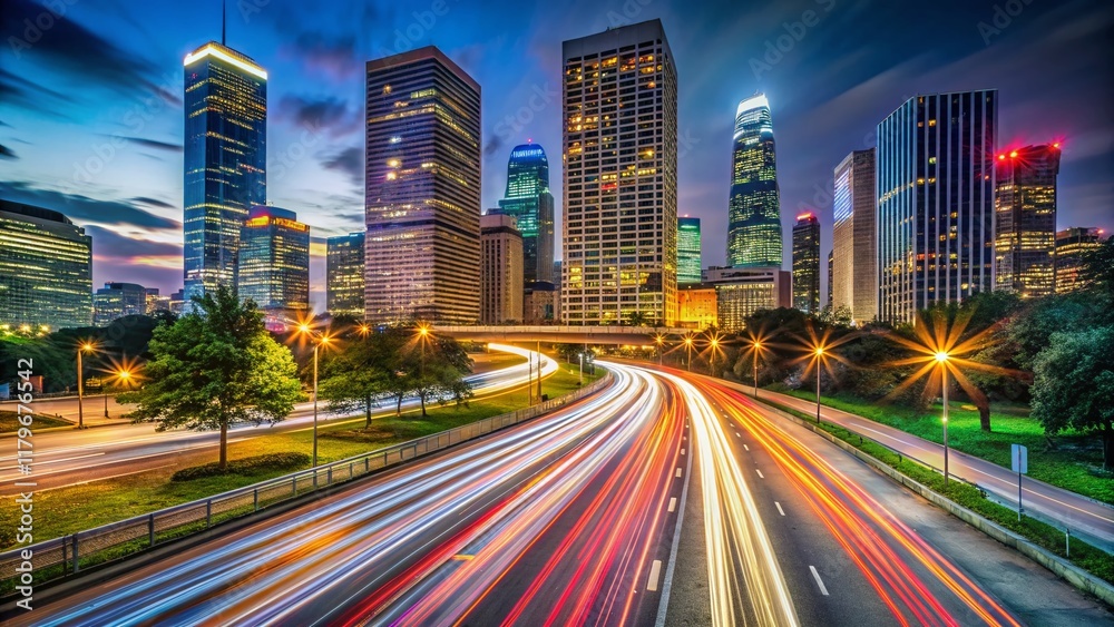 Obraz premium Houston Downtown Skyline Night Long Exposure Light Trails