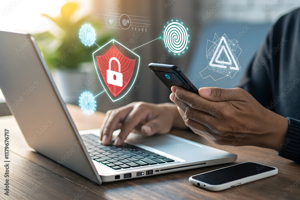 Person Using Smartphone and Laptop for Digital Security Concept Person Using Smartphone and Laptop for Digital Security Concept