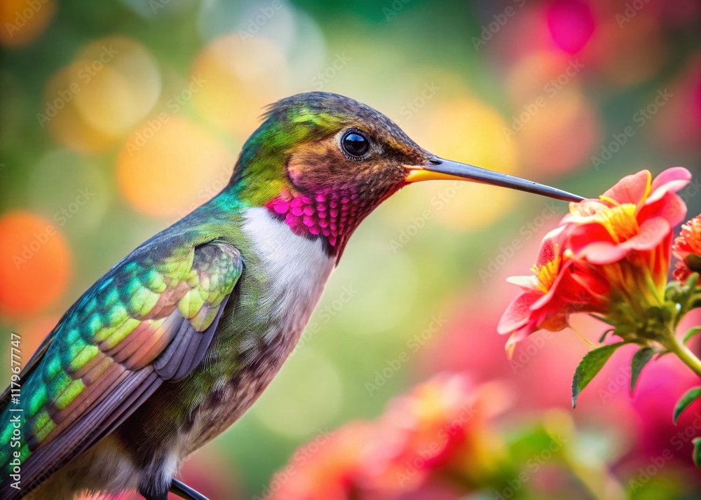Fototapeta premium Hummingbird in Flight, Bokeh Background, Nectar Feeding, Close-Up Wildlife Photography