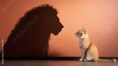little cat sitting in spotlight, gazing at its lion shadow