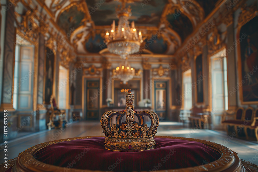 Obraz premium Fantastic beautiful king or queen crown from vivid gold material for coronation, abstract vivid composition consists of fictional unreal fantastic vision on background