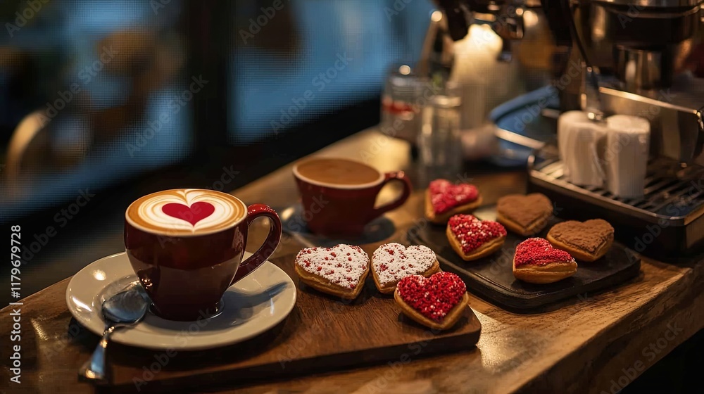 A romantic coffee shop counter featuring heart-themed pastries and latte art A romantic coffee shop counter featuring heart-themed pastries and latte art