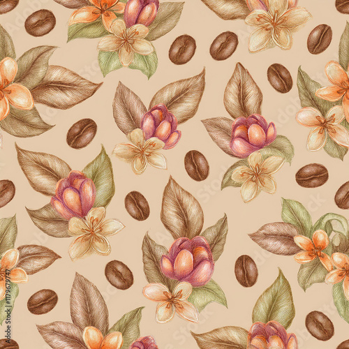 Floral and coffee bean pattern on a beige background showcasing a charming design
