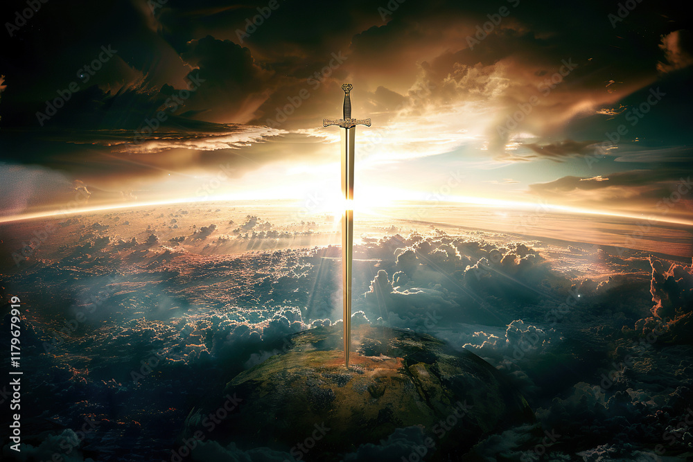 Naklejka premium Fantastic weapon royal sword with beautiful handle and sharp blade, abstract vivid composition consists of fictional unreal fantastic vision on background