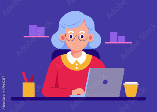 Elderly Woman with Blue Hair and Concerned Expression – Character Illustration with Details