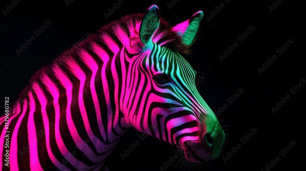 Fototapeta premium Neon futuristic zebra portrait with glowing stripes, vibrant pink and green hues, futuristic lighting, black background, high detail