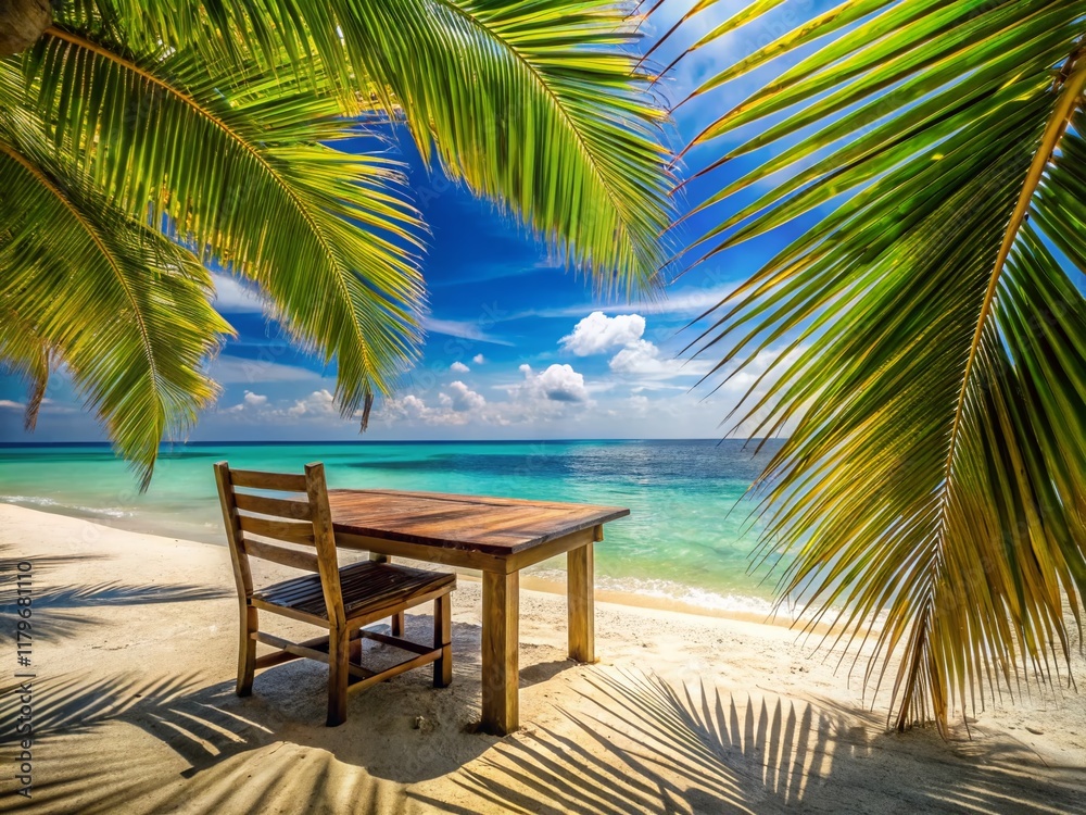 Idyllic Beach Relaxation: Palm Shade Table & Chair, Turquoise Sea Macro Photography