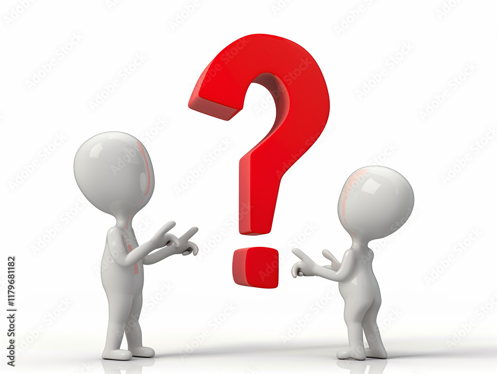 Two individuals communicating with expressive gestures, one pointing and the other with open palms, uncertainty signified by a red question mark, isolated on white. Two individuals communicating with expressive gestures, one pointing and the other with open palms, uncertainty signified by a red question mark, isolated on white.