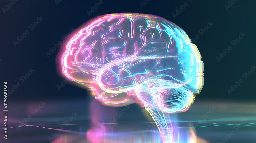 Vibrant Digital Illustration: Glowing Brain, Futuristic Style, Close-Up View. AI Generated