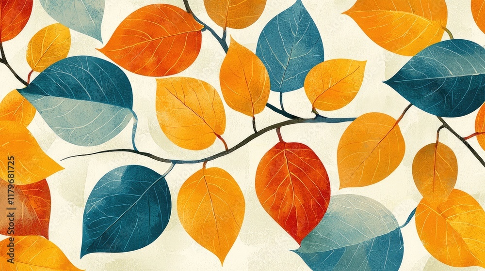 Fototapeta premium Autumn Leaves: A Vibrant Tapestry of Fall Foliage, Botanical Illustration, Nature's Artistic Hues, Abstract Design, Warm and Cool Color Palette, Elegant and Serene Artwork