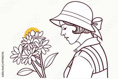 line art vector illustration women with a bucket hat holding flowers G.eps