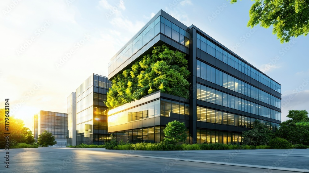 Obraz premium Sustainable Tourism, green travel, Ecology. Modern office building with greenery, illuminated by sunlight in a serene urban setting.