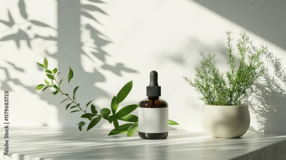 Natural Minimalist Display Featuring Essential Oil Bottle Surrounded by Greenery and Natural Light on a Sleek White Surface for Wellness and Beauty Concepts Natural Minimalist Display Featuring Essential Oil Bottle Surrounded by Greenery and Natural Light on a Sleek White Surface for Wellness and Beauty Concepts