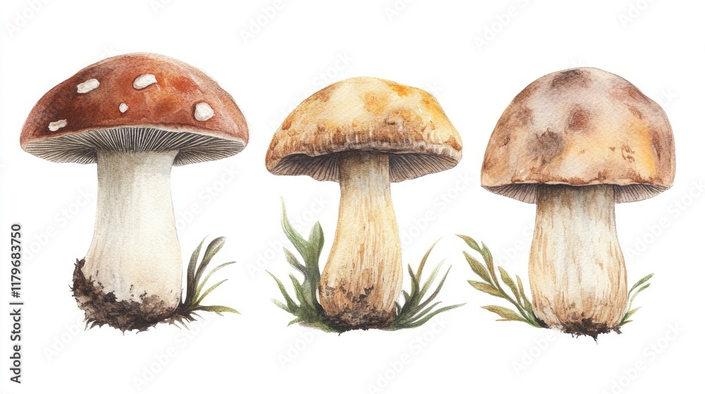 Three varieties of boletus mushrooms illustrated with intricate details on a natural background. Perfect for culinary or botanical themes. Three varieties of boletus mushrooms illustrated with intricate details on a natural background. Perfect for culinary or botanical themes.