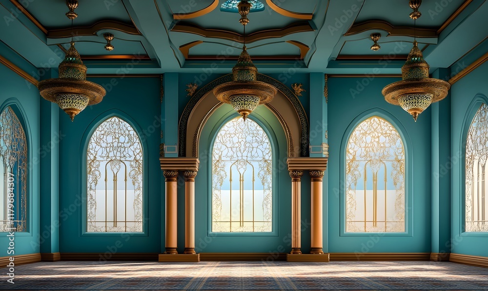 Obraz premium Luxurious teal and gold Islamic prayer room interior.