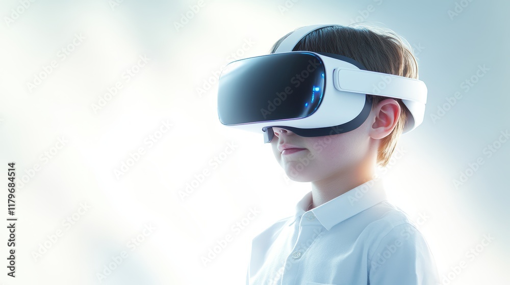 Young Boy Immersed in Virtual Reality Experience with Advanced Headset Captivating His Imagination in a Modern Setting Young Boy Immersed in Virtual Reality Experience with Advanced Headset Captivating His Imagination in a Modern Setting