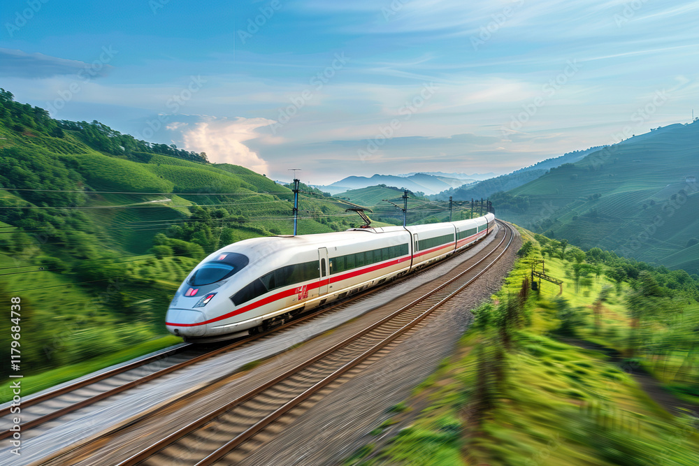 Fototapeta premium Modern big high-speed train in fast motion passes through railway stations, abstract vivid composition consists of fictional unreal fantastic vision on background