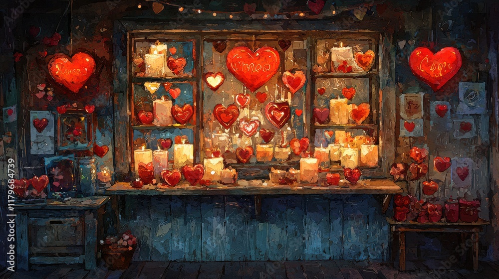 valentine's day shopping concept. Romantic candle shop display with glowing red hearts and warm lighting valentine's day shopping concept. Romantic candle shop display with glowing red hearts and warm lighting