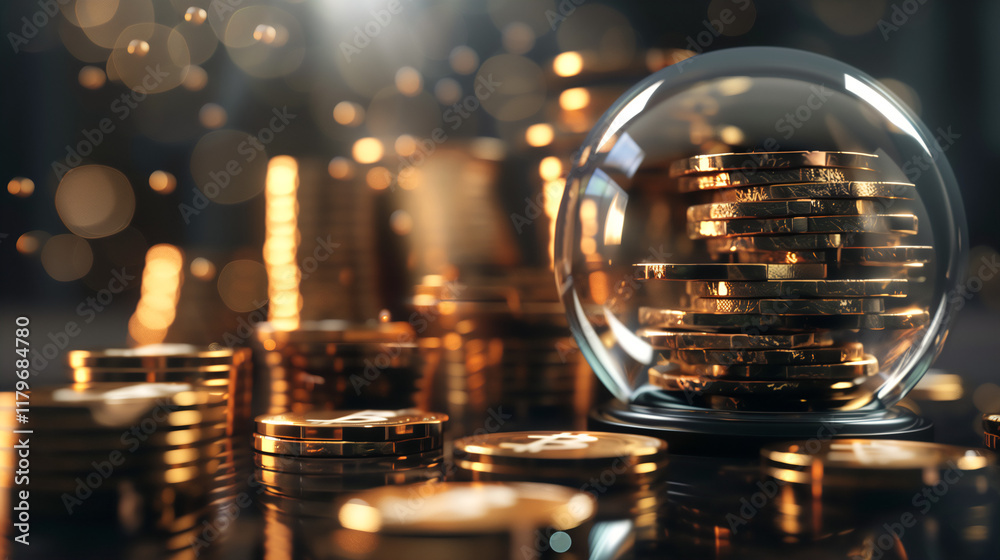 Glowing Bitcoin Coins in a Glass Orb with Bokeh Background, Capturing Cryptocurrency Wealth and Investment.
