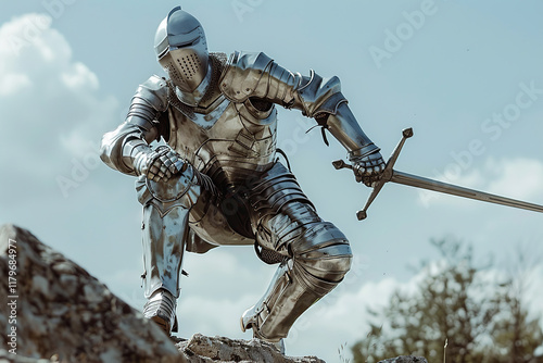 Fantastic beautiful royal knight in iron armor guards castle chambers, abstract vivid composition consists of fictional unreal fantastic vision on background