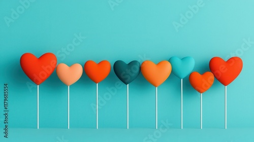 Colorful Heart Shaped Lollipops on a Bright Aqua Background for Celebratory Themes and Events
