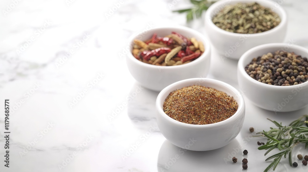 Variety of spices in white bowls on marble table with empty copy space for text promoting healthy cooking and culinary artistry Variety of spices in white bowls on marble table with empty copy space for text promoting healthy cooking and culinary artistry