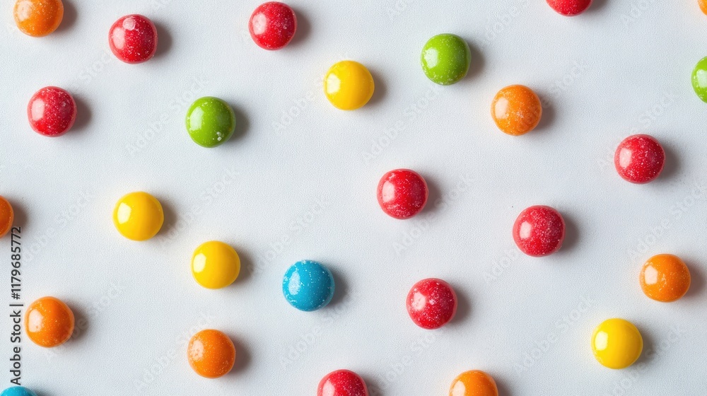 Colorful candy scattered on a light background creating a playful flat lay design with ample copy space for creative use. Colorful candy scattered on a light background creating a playful flat lay design with ample copy space for creative use.