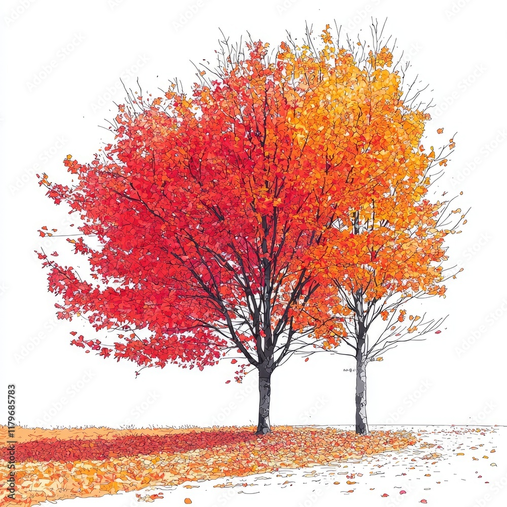 Fototapeta premium Autumn Splendor: A Pair of Maple Trees in Vibrant Fall Foliage, bathed in the warm glow of sunlight. A picturesque scene of nature's artistry.