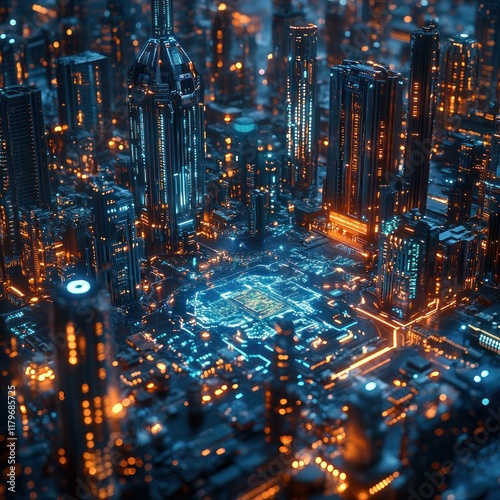 Futuristic city aerial view, glowing structures, intricate network, technological cityscape. photo