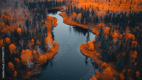 Autumn River Landscape: Aerial View of Colorful Forest in Fall Season. Breathtaking Nature Photography, Scenic Image of Orange and Red Leaves, Beautiful Fall Colors photo