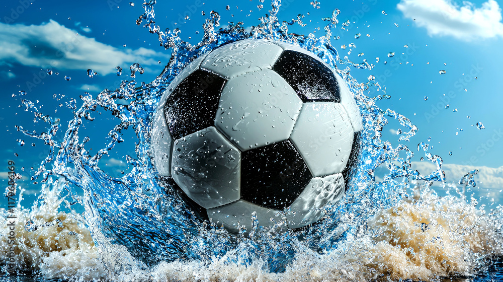 Fototapeta premium Soccer Ball Splashing in Water: Dynamic Sports Photo