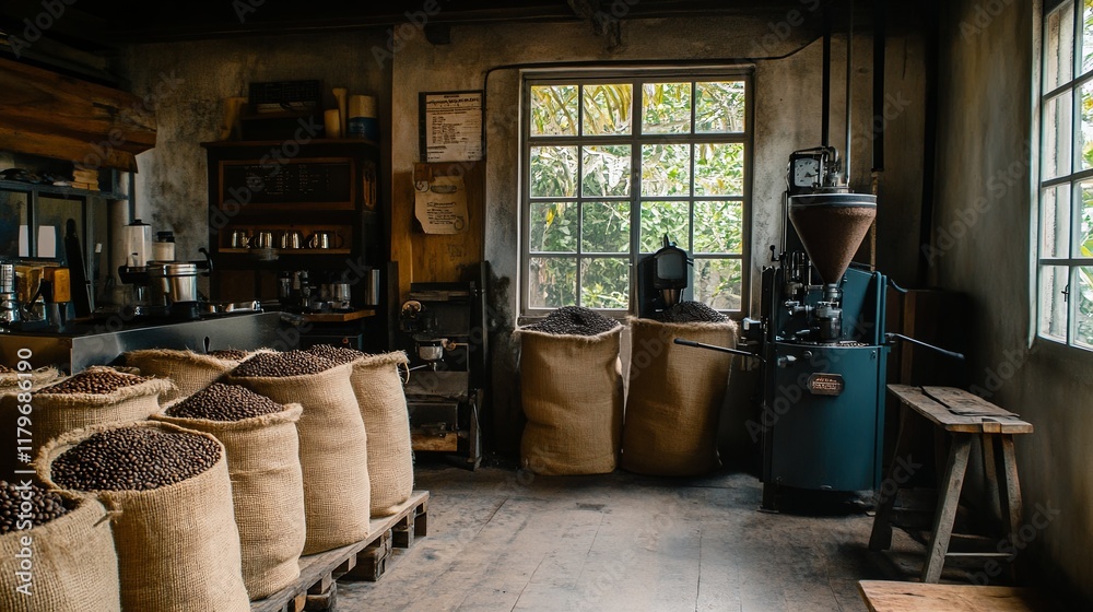 A rustic coffee roastery with burlap sacks of beans and roasting equipment A rustic coffee roastery with burlap sacks of beans and roasting equipment