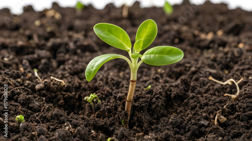 A minimalistic and captivating depiction of a young sprout with fresh green leaves growing from rich, textured soil, presented against contrasting white and black backgrounds.