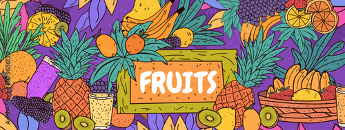 Colorful fruits pattern tropical theme vibrant design. Includes pineapples bananas oranges berries and kiwi with palm leaves on a purple background. Perfect for banners