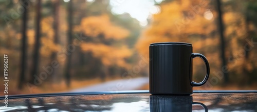 Black ceramic mug mockup on car hood with autumn forest background and blurred road offering space for personalized text or branding photo