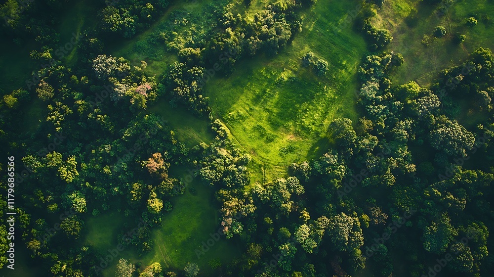 Fototapeta premium Aerial view of lush green forest with clearing.
