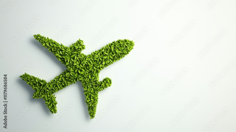 Obraz premium Sustainable Tourism, green travel, Ecology. Airplane shape made of green leaves on a light background, symbolizing eco-friendly travel.