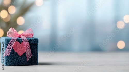 Small blue gift box with pink bow and heart decoration, placed on a wooden surface with blurred background