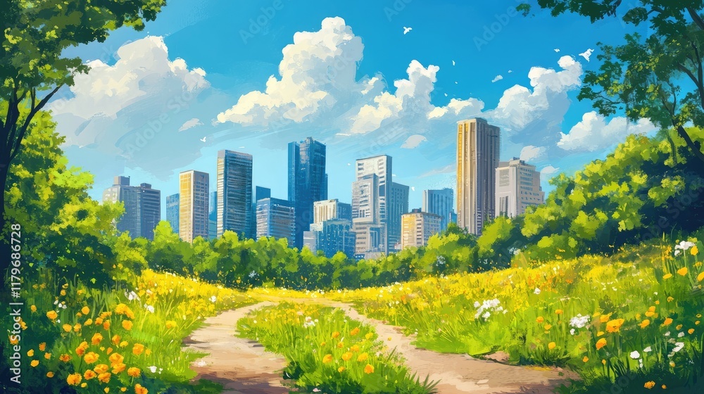 Obraz premium Vibrant summer cityscape showcasing lush greenery and a bright skyline with flowers in the foreground under a clear blue sky
