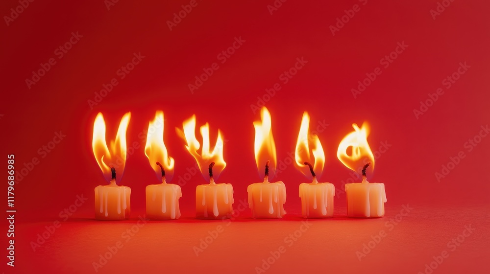 Fototapeta premium Candles forming the word burning with vibrant flames against a striking red gradient background for visual impact and warmth