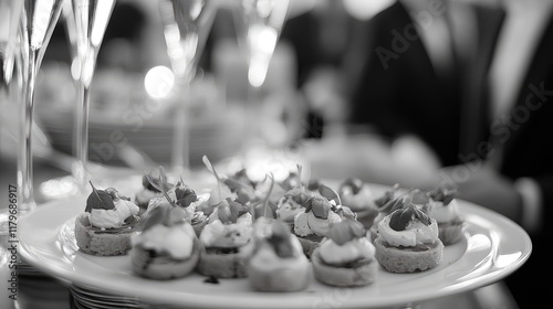 Elegant canapÃ©s on a serving platter at a sophisticated event with champagne glasses in the background photo