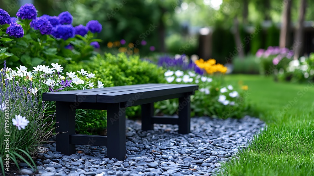 Black bench in a vibrant garden with colorful flowers and gravel pathway. Black bench in a vibrant garden with colorful flowers and gravel pathway.