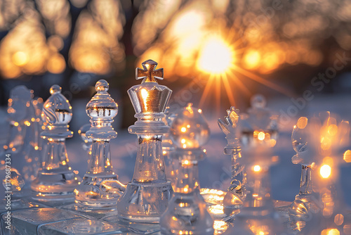 Chess piece standing on checkered game board during strategic game of chess, abstract vivid composition consists of fictional unreal fantastic vision on background