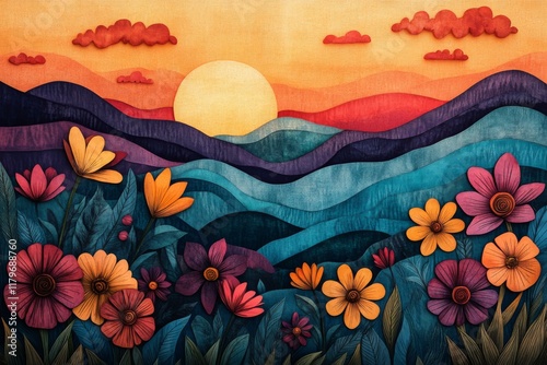 Sunset Mountainscape with Vivid Flowers Nature Art Floral Design Landscape Illustration