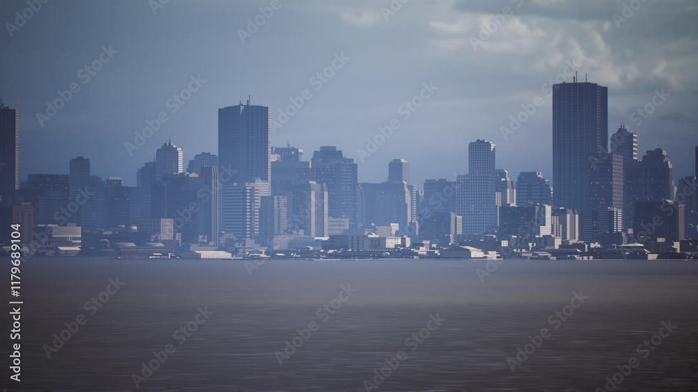 A dramatic skyline of towering buildings emerges against a stormy sky, reflected softly in the calm waters below on a serene afternoon, evoking an atmospheric urban landscape. A dramatic skyline of towering buildings emerges against a stormy sky, reflected softly in the calm waters below on a serene afternoon, evoking an atmospheric urban landscape.