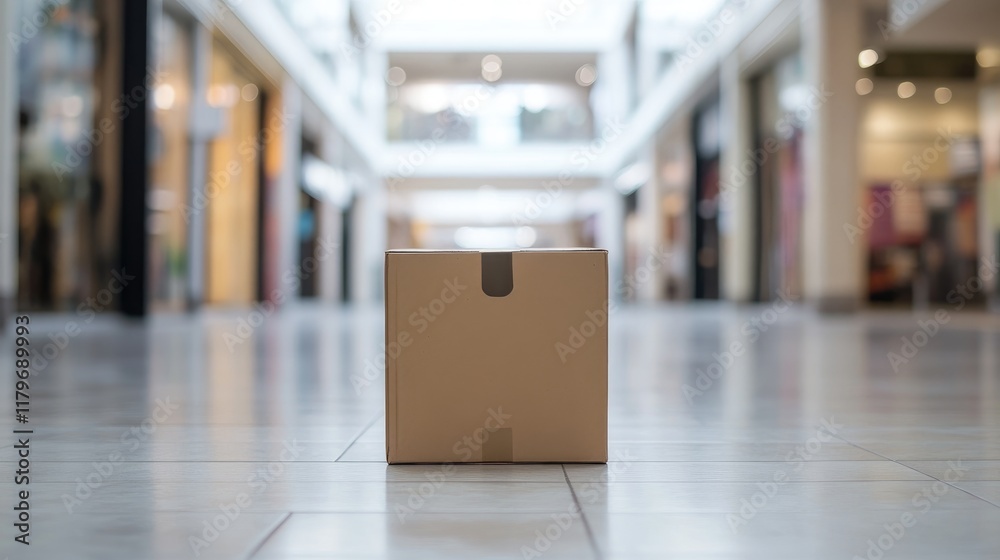 Cardboard box positioned in an empty mall corridor during daylight showcasing a quiet shopping environment and delivery scenario. Cardboard box positioned in an empty mall corridor during daylight showcasing a quiet shopping environment and delivery scenario.