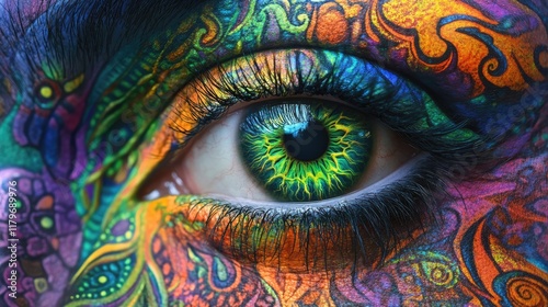 Close up of a captivating green eye adorned with vibrant colorful patterns showcasing intricate designs and artistic expression.